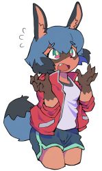 Rule 34 | 1girl, absurdres, animal ear fluff, animal ears, arms up, blue eyes, blue hair, blue shorts, body fur, brand new animal, chinese commentary, claws, commentary request, cowboy shot, fang, flying sweatdrops, furry, furry female, highres, jacket, kagemori michiru, menthako, open mouth, rabbit ears, rabbit girl, raccoon girl, raccoon tail, red jacket, shirt, short hair, short shorts, shorts, simple background, solo, tail, track jacket, white background, white shirt