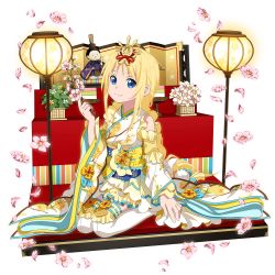 Rule 34 | 1girl, aged down, alice zuberg, blonde hair, blue eyes, braid, braided ponytail, detached sleeves, floral print, flower, full body, hair ribbon, highres, hina ningyou, hinadan, holding, japanese clothes, kimono, kneeling, long hair, long sleeves, looking at viewer, miniskirt, petals, pink flower, print kimono, ribbon, single braid, skirt, sleeveless, sleeveless kimono, smile, solo, sword art online, thighhighs, transparent background, very long hair, white sleeves, white thighhighs, yellow skirt, zettai ryouiki