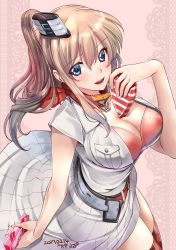 Rule 34 | 10s, 1girl, 2017, anchor, artist name, belt, blouse, blue eyes, bra, breast pocket, breasts, brown hair, candy, chocolate, chocolate heart, cleavage, dated, dress, food, from above, hair between eyes, hat, heart, kantai collection, large breasts, long hair, looking at viewer, neckerchief, open clothes, open mouth, open shirt, pink background, pocket, ponytail, red belt, red bra, red neckerchief, red thighhighs, saratoga (kancolle), see-through, shirt, short sleeves, side ponytail, smokestack, solo, thighhighs, ugeppa, underwear, white dress, white shirt