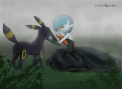 Rule 34 | alternate color, artist name, black dress, black fur, black gloves, blue hair, creatures (company), dress, elbow gloves, fog, game freak, gardevoir, gen 2 pokemon, gen 3 pokemon, gloves, grass, highres, lucadarkshadow, mega gardevoir, mega pokemon, nintendo, on grass, orange eyes, pokemon, pokemon (creature), shiny pokemon, strapless, strapless dress, umbreon