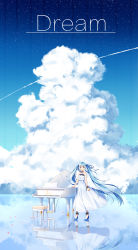 Rule 34 | 1girl, ankle cuffs, bare shoulders, blue eyes, blue footwear, blue hair, blue ribbon, blue sky, chain, closed mouth, cloud, cloudy sky, commentary request, contrail, cuffs, day, dress, english text, grand piano, hair ribbon, hatsune miku, high heels, highres, horizon, instrument, ji dao ji, long dress, long hair, looking at viewer, ocean, petals, petals on liquid, piano, piano bench, ribbon, rose petals, shoes, sidelocks, sky, smile, solo, standing, standing on liquid, star (sky), starry sky, strapless, strapless dress, twintails, very long hair, vocaloid, white dress, wind