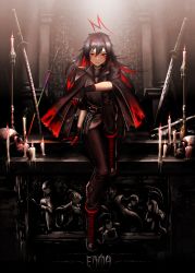 Rule 34 | 6+girls, ahoge, altar, arm support, bags under eyes, belt, black gloves, black hair, boots, candle, candle wax, candlestand, carving, character doll, character name, coat, colored inner hair, enma-chan, full body, gawr gura, glaring, gloves, hair intakes, highres, holding, holding removed eyewear, hololive, hololive english, jcstr, katana, knee boots, knee up, long hair, looking at viewer, mori calliope, multicolored hair, multiple girls, ninomae ina&#039;nis, open clothes, open coat, planted, red coat, red eyes, red hair, skull, solo focus, sword, takanashi kiara, two-tone hair, unworn eyewear, virtual youtuber, watson amelia, weapon