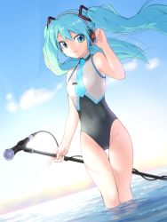 Rule 34 | 1girl, adapted costume, aqua eyes, aqua hair, blue sky, cloud, commentary request, dutch angle, feet out of frame, funakingyo, hatsune miku, headphones, highleg, highleg leotard, highres, holding, leotard, microphone, microphone stand, multicolored leotard, sky, sleeveless, soaking feet, solo, standing, thigh gap, twintails, vocaloid, wading