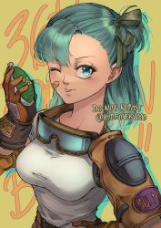 Rule 34 | 1girl, absurdres, bandaid, bandaid on face, blue eyes, blue hair, breasts, bulma, commentary, dragon ball, dragon ball (classic), dragon radar, english commentary, gloves, highres, hydeover9000, looking at viewer, medium breasts, one eye closed, short hair, simple background, smile, solo, tongue, tongue out