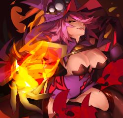 Rule 34 | 1girl, black sclera, blazblue, breasts, colored sclera, detached sleeves, fire, hat, highres, jerun, konoe a. mercury, large breasts, magic, pink hair, smile, tagme, thighs, witch hat, yellow eyes