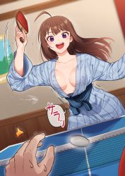 Rule 34 | 1girl, :d, blue kimono, blush, breasts, brown hair, cleavage, collarbone, commentary request, idolmaster, idolmaster million live!, indoors, japanese clothes, kamille (vcx68), kimono, long hair, long sleeves, looking at viewer, medium breasts, motion lines, no bra, obi, open clothes, open kimono, open mouth, paddle, pov, purple eyes, round teeth, sash, smile, solo focus, striped clothes, striped kimono, sweatdrop, table tennis, table tennis paddle, teeth, translation request, upper teeth only, yokoyama nao, yukata