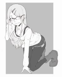 Rule 34 | 1girl, arm support, boots, bra, bra strap, closed mouth, collarbone, dagashi kashi, earrings, endou saya, eyebrows, fang, glasses, greyscale, hair ornament, hairclip, ina (gokihoihoi), jewelry, kneeling, long hair, long sleeves, looking at viewer, monochrome, smile, solo, underwear
