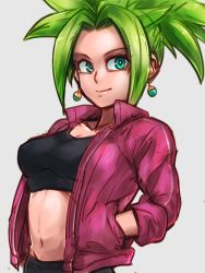 Rule 34 | 1girl, black bra, black pants, blonde hair, bra, breasts, cleavage, closed mouth, collarbone, commentary request, dragon ball, dragon ball super, earrings, fusion, grey background, hands in pockets, jacket, jewelry, kefla (dragon ball), kemachiku, looking at viewer, medium breasts, midriff, navel, open clothes, pants, potara earrings, red jacket, smile, solo, spiked hair, sports bra, stomach, super saiyan, toned, underwear
