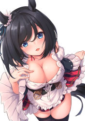 Rule 34 | 1girl, apron, awa yume, black hair, black thighhighs, blue eyes, blush, breasts, cleavage, commentary request, eishin flash (umamusume), hand on own chest, highres, horse girl, large breasts, long sleeves, looking at viewer, one side up, open mouth, simple background, skirt, smile, solo, thighhighs, umamusume, white background