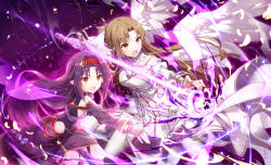Rule 34 | 2girls, armor, armored dress, asuna (sao), bare shoulders, black dress, black gloves, black sleeves, blush, braid, brown eyes, brown hair, commentary request, detached sleeves, dress, feathered wings, feathers, fingerless gloves, gabiran, gloves, glowing, glowing sword, glowing weapon, hairband, holding, holding sword, holding weapon, long hair, long sleeves, looking away, multiple girls, open mouth, outstretched arm, parted bangs, purple armor, purple hair, red eyes, red hairband, sleeveless, sleeveless dress, sword, sword art online, sword art online: alicization, sword art online: alicization - war of underworld, thighhighs, thighs, very long hair, weapon, white armor, white dress, white thighhighs, white wings, wings, yuuki (sao)