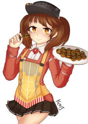 Rule 34 | 10s, 1girl, absurdres, apron, artist name, bare legs, brown eyes, brown hair, eyebrows, food, highres, holding, holding food, holding plate, jacy, japanese clothes, kantai collection, kariginu, long sleeves, looking at viewer, magatama, plate, pleated skirt, ryuujou (kancolle), skirt, smile, solo, takoyaki, toothpick, twintails, visor cap