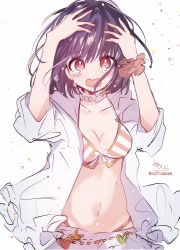Rule 34 | 1girl, arms up, bikini, black hair, breasts, brown scrunchie, cleavage, collarbone, collared shirt, diagonal-striped bikini, diagonal-striped clothes, granblue fantasy, hair between eyes, hands on own head, highres, long sleeves, looking at viewer, medium breasts, navel, open clothes, open mouth, open shirt, red eyes, scrunchie, shirt, signature, simple background, sofra, solo, striped bikini, striped clothes, swimsuit, tears, twitter username, vikala (blooming summer wallflower) (granblue fantasy), vikala (granblue fantasy), wavy mouth, white background, white shirt, wrist scrunchie