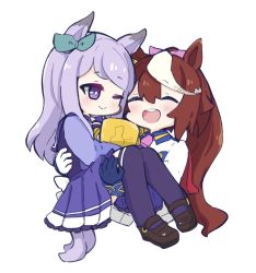 Rule 34 | 2girls, :d, ;), ^ ^, animal ears, asymmetrical gloves, blue gloves, blush, bow, brown footwear, brown hair, carrying, chibi, closed eyes, closed mouth, commentary request, ear ribbon, gloves, green ribbon, hair between eyes, hair bow, highres, horse ears, horse girl, horse tail, jacket, long hair, long sleeves, mejiro mcqueen (umamusume), mismatched gloves, multicolored hair, multiple girls, nozo (hitomiz), one eye closed, open mouth, pink bow, pleated skirt, ponytail, princess carry, purple legwear, purple shirt, purple skirt, ribbon, school uniform, shirt, shoes, simple background, skirt, smile, streaked hair, swept bangs, tail, teeth, thighhighs, tokai teio (umamusume), tracen school uniform, trophy, umamusume, upper teeth only, very long hair, white background, white gloves, white hair, white jacket