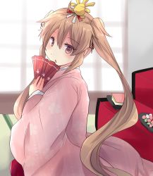Rule 34 | 1girl, :o, blonde hair, commentary request, folding fan, hair between eyes, hair ribbon, hand fan, headwear request, highres, hirune (konekonelkk), indoors, japanese clothes, kantai collection, kimono, long hair, long sleeves, looking at viewer, looking to the side, murasame (kancolle), orange eyes, pink kimono, ribbon, sidelocks, solo, twintails