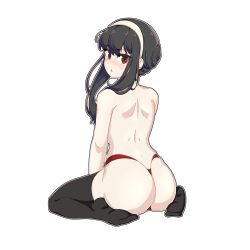 Rule 34 | 1girl, arms between legs, ass, back, black hair, black thighhighs, blush, commentary, from behind, full body, hair bun, hairband, highres, looking at viewer, looking back, no shoes, outline, panties, parted lips, peach-cup, red eyes, red panties, seiza, short hair with long locks, sidelocks, simple background, sitting, solo, spy x family, thighhighs, thong, topless, transparent background, underwear, white outline, yor briar