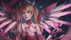 Rule 34 | 1girl, artist name, bare shoulders, blonde hair, breasts, cleavage, closed mouth, dress, hair between eyes, hair ribbon, heart, lips, lipstick, looking at viewer, makeup, medium breasts, mercy (overwatch), nose, official alternate costume, overwatch, overwatch 1, pink dress, pink mercy, pink ribbon, red lips, ribbon, shiro-hane, solo, spread wings, twintails, upper body