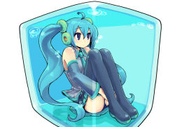 Rule 34 | aqua eyes, aqua hair, box, chan co, cube, detached sleeves, full body, hatsune miku, headphones, in box, in container, long hair, necktie, skirt, solo, thighhighs, twintails, very long hair, vocaloid