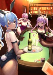 Rule 34 | 3girls, absurdres, alcohol, animal ears, armpits, backless outfit, blazer, blue eyes, blue hair, breasts, card, cleavage, colored inner hair, earrings, fake animal ears, fishnet pantyhose, fishnets, green eyes, hair between eyes, highres, holding, holding tray, hololive, horo 27, hoshimachi suisei, jacket, jewelry, large breasts, leotard, long hair, looking at viewer, low twintails, medium breasts, minato aqua, multicolored hair, multiple girls, open mouth, pantyhose, playboy bunny, playing card, poker chip, poker table, ponytail, purple eyes, purple hair, rabbit ears, rabbit tail, sitting, smile, star (symbol), star in eye, symbol in eye, table, tail, tokoyami towa, tray, twintails, virtual youtuber, w