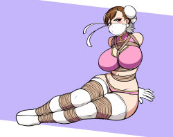 Rule 34 | 1girl, arms behind back, bdsm, between breasts, blush, bondage, bound, breasts, brown hair, bun cover, capcom, chun-li, cleavage, cleavage cutout, cloth gag, clothing cutout, double bun, earrings, eyeshadow, female focus, gag, gagged, gloves, hair bun, highres, improvised gag, jam-orbital, jewelry, large breasts, makeup, midriff, narrow waist, navel, over the nose gag, panties, pink panties, purple background, rope, shibari, simple background, solo, street fighter, thighhighs, underwear, white gloves, white thighhighs, wide hips