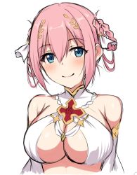 Rule 34 | 1girl, bare shoulders, blue eyes, blush, braid, braided hair rings, breasts, cleavage, closed mouth, collar, criss-cross halter, detached sleeves, hair between eyes, hair ornament, hair rings, halterneck, horosuke, large breasts, official alternate costume, pink hair, princess connect!, short hair, smile, solo, underboob, upper body, white background, yui (ceremonial) (princess connect!), yui (princess connect!)