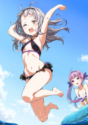 Rule 34 | 2girls, absurdres, ahoge, arm up, armpits, asanaya, barefoot, bikini, black bikini, black choker, black hairband, blue hair, blue hairband, blue sky, breasts, choker, cloud, collarbone, day, hairband, highres, hololive, jumping, long hair, looking at another, medium breasts, minato aqua, minato aqua (hololive summer 2019), multicolored hair, multiple girls, murasaki shion, murasaki shion (hololive summer 2019), ocean, one eye closed, open mouth, purple eyes, purple hair, silver hair, sky, striped bikini, striped clothes, swimsuit, teeth, twintails, two-tone hair, upper teeth only, virtual youtuber, water, yellow eyes
