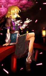 Rule 34 | 1girl, arm warmers, bad id, bad pixiv id, blonde hair, bridge, cherry blossoms, female focus, hong (white spider), lamp, legs, crossed legs, mizuhashi parsee, petals, pointy ears, scarf, short hair, sitting, solo, touhou, tree, yellow eyes