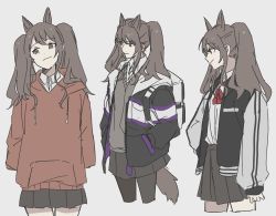 Rule 34 | 1girl, 461 aki, alternate costume, angelina (arknights), animal ears, arknights, brown eyes, brown hair, closed mouth, fox ears, fox girl, fox tail, hand on own hip, hands in pockets, hood, hood down, hoodie, jacket, miniskirt, open clothes, open jacket, pantyhose, skirt, solo, tail, twintails
