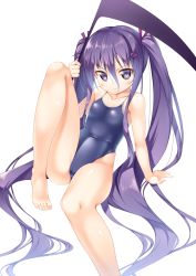Rule 34 | &gt;:&lt;, 1girl, :&lt;, arm support, bare shoulders, barefoot, blush, cameltoe, closed mouth, collarbone, competition school swimsuit, covered navel, flat chest, hair between eyes, hair ornament, hairclip, highleg, highleg swimsuit, kazuma (kazumav), long hair, looking at viewer, maou no shimobe ga arawareta!, navel, one-piece swimsuit, original, purple eyes, purple hair, school swimsuit, scythe, simple background, sitting, solo, swimsuit, twintails, v-shaped eyebrows, very long hair, white background