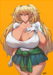 Rule 34 | 1girl, areola slip, arm at side, artist name, batako (batakoart), big hair, blonde hair, blush, breasts, cleavage, clothes around waist, collared shirt, cowboy shot, curvy, dark-skinned female, dark elven forest ranger, dark skin, gloves, green jacket, green skirt, hair between eyes, hand on own chest, highres, huge breasts, jacket, jacket around waist, large areolae, last origin, long hair, long sleeves, looking at viewer, orange background, pink eyes, pink lips, pleated skirt, pointy ears, purple pupils, shirt, simple background, skirt, sleeves rolled up, smile, solo, taut clothes, taut shirt, thick thighs, thighs, two side up, very long hair, white gloves, white shirt, wide hips