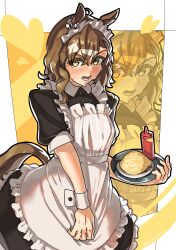 Rule 34 | 1girl, absurdres, ahoge, alternate costume, animal ears, black dress, blush, breasts, brown hair, commentary request, cowboy shot, dress, enmaided, food, frilled dress, frills, hair between eyes, hair ornament, heart, highres, holding, holding tray, horse ears, horse girl, horse tail, jungle pocket (umamusume), ketchup bottle, maid, marbow tomato, medium breasts, medium hair, omelet, omurice, puffy short sleeves, puffy sleeves, short sleeves, smile, solo, sweat, tail, tray, umamusume, wrist cuffs, x hair ornament, yellow eyes, zoom layer