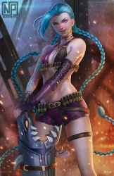 Rule 34 | 1girl, artist name, asymmetrical gloves, bare shoulders, bikini, bikini top only, blue hair, braid, breasts, bullet, debris, elbow gloves, fingerless gloves, gloves, jewelry, jinx (league of legends), league of legends, lips, long hair, looking at viewer, midriff, navel, necklace, nopeys, open mouth, pink eyes, pink lips, short shorts, shorts, small breasts, smile, solo, standing, strap, swimsuit, tattoo, thigh strap, twin braids, uneven gloves, very long hair