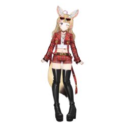 Rule 34 | 1girl, ahoge, animal ear fluff, animal ears, arms at sides, belt, black choker, black footwear, blonde hair, blue hair, boots, brown belt, choker, closed mouth, commentary request, cropped jacket, cropped shirt, earrings, eyewear on head, fox ears, fox girl, fox tail, full body, heart, heart-shaped eyewear, heart choker, hololive, jacket, jewelry, kou mashiro, long hair, looking at viewer, midriff, multicolored hair, multiple bracelets, multiple necklaces, nail polish, navel, official alternate costume, official alternate hairstyle, official art, omaru polka, omaru polka (5th costume), one eye closed, pink hair, plaid, plaid jacket, plaid shorts, purple eyes, red jacket, red nails, red shorts, shirt, short shorts, shorts, simple background, sleeves past wrists, smile, solo, star-shaped pupils, star (symbol), streaked hair, sunglasses, symbol-shaped pupils, tachi-e, tail, thigh boots, transparent background, virtual youtuber, white shirt