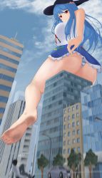 Rule 34 | 1boy, 1girl, absurdres, ass, barefoot, blue hair, blush, breasts, building, city, clothes lift, from behind, from below, giant, giantess, hat, highres, hinanawi tenshi, long hair, looking down, migi 33, mini person, miniboy, panties, red eyes, shiny skin, sideboob, sitting, skirt, skirt hold, skirt lift, smile, striped clothes, striped panties, touhou, underwear