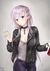 Rule 34 | 1girl, alternate costume, azur lane, belfast (azur lane), blush, braid, breasts, chain, cigarette, cleavage, closed mouth, collar, collarbone, commentary request, french braid, highres, holding, jacket, jewelry, koi pink, large breasts, long sleeves, looking at viewer, purple eyes, ring, silver hair, smoke, smoking, solo