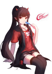 Rule 34 | 1girl, absurdres, artist name, black hair, brown shorts, closed mouth, collarbone, commentary, cross, eating, flat chest, hand on ground, highres, holding, horns, ice, jacket, leggings, long hair, looking to the side, original, pointy ears, ponytail, red eyes, red horns, red shirt, shimmer, shirt, shorts, signature, simple background, sitting, skull, solo, thighhighs, white background, zettai ryouiki