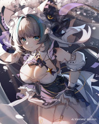 Rule 34 | 1girl, :3, absurdres, ai xiao meng, artist name, azur lane, black dress, black hair, blue eyes, blue hair, blunt bangs, blush, breasts, cheshire (azur lane), cleavage, closed mouth, clothes lift, commentary request, cowboy shot, dated, detached sleeves, dress, dress lift, fang, fang out, garter straps, hair intakes, highres, large breasts, leaning forward, lifting own clothes, looking at viewer, maid headdress, multicolored hair, short sleeves, skin fang, solo, streaked hair, thighhighs, white thighhighs, wrist cuffs
