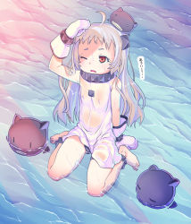 Rule 34 | 10s, 1girl, :3, = =, abyssal ship, ahoge, anklet, barefoot, fang, grin, jewelry, kantai collection, long hair, mittens, northern ocean princess, nukaji (kuromahou kenkyuujo), one eye closed, open mouth, red eyes, short eyebrows, sitting, smile, solo, sweat, wariza, water, white hair