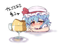 Rule 34 | 1girl, blue hair, blush, drooling, female focus, food, green eyes, hand on own face, hat, hat ribbon, pudding, red eyes, remilia scarlet, ribbon, short hair, simple background, solo, touhou, translated, uguisu (happy turn), white background