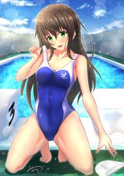 Rule 34 | 1girl, :d, blue one-piece swimsuit, blue sky, blurry, bokeh, breasts, brown hair, clothes writing, cloud, collarbone, competition swimsuit, covered navel, day, depth of field, full body, green eyes, highres, kneeling, light particles, long hair, looking at viewer, medium breasts, one-piece swimsuit, open mouth, original, outdoors, poolside, sidelocks, signature, sky, smile, solo, unworn swim cap, swimsuit, swimsuit tug, tsuyunominaduki, wet