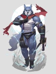 Rule 34 | 1boy, abs, animal ears, asymmetrical clothes, bara, beard, blue fur, bulge, electricity, electrokinesis, facial hair, fang, fang out, frown, full beard, furry, furry male, highres, holding, holding sword, holding weapon, huge eyebrows, kuji-in, large pectorals, looking at viewer, male focus, mature male, muscular, muscular male, navel, neumo, ninja, nipples, original, pectorals, scarf, short hair, single pantsleg, solo, standing, stomach, sword, tail, thick beard, thick thighs, thighs, two-tone fur, weapon, wolf boy, wolf ears, wolf tail