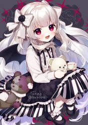 Rule 34 | 1girl, :d, bad id, bad pixiv id, black flower, black footwear, black ribbon, black rose, black skirt, black wings, blush, bobby socks, bow, center frills, commission, demon wings, fang, floral background, flower, frilled skirt, frills, grey background, grey hair, hair bow, hair flower, hair ornament, holding, holding stuffed toy, knees up, long hair, looking at viewer, neck ribbon, open mouth, original, piano print, plaid, plaid skirt, pointy ears, red eyes, ribbon, rose, shirt, shoes, sitting, skeb commission, skirt, smile, socks, solo, stuffed animal, stuffed toy, suspender skirt, suspenders, teddy bear, very long hair, white bow, white shirt, white socks, wings, yamabukiiro