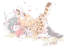 Rule 34 | 10s, 2girls, alcohol, animal ears, black hair, blush, boots, bucket hat, commentary request, cup, drunk, elbow gloves, closed eyes, flying sweatdrops, full-face blush, gloves, hat, hat feather, heart, high-waist skirt, kaban (kemono friends), kemono friends, licking, lying, lying on person, mitsumoto jouji, mug, multiple girls, on back, red shirt, serval (kemono friends), serval print, serval tail, shirt, short hair, shorts, skirt, sleeveless, sleeveless shirt, spill, striped tail, tail