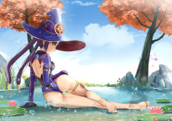 Rule 34 | 1girl, ass, back, black hair, blue eyes, blue sky, breasts, feet, flower, genshin impact, hat, hydro (genshin impact), joko jmc, legs, leotard, lily (flower), lily pad, long hair, looking at viewer, looking back, medium breasts, mona (genshin impact), pond, purple hat, purple leotard, rock, sky, soles, thighlet, tree, twintails, vision (genshin impact), water, white background, witch hat