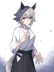 Rule 34 | 1girl, aikidou, alternate costume, animal ears, black hairband, bow, commentary, curren chan (umamusume), ear bow, ear covers, grey hair, hairband, highres, horse ears, horse girl, horse tail, japanese clothes, looking at viewer, mitsune (3chune), pink bow, purple eyes, short hair, smile, solo, tail, umamusume