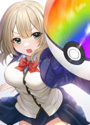 Rule 34 | 1girl, :d, absurdres, black skirt, blue jacket, bow, breasts, collared shirt, creatures (company), dress shirt, game freak, gradient background, green eyes, grey background, highres, holding, holding poke ball, hoshimiya aki, jacket, light brown hair, long hair, looking at viewer, medium breasts, nintendo, official art, open clothes, open jacket, open mouth, original, poke ball, pokemon, rainbow gradient, red bow, school uniform, shirt, skirt, smile, solo, v-shaped eyebrows, white background, white shirt
