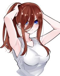 Rule 34 | 1girl, alternate costume, alternate hairstyle, armpits, arms up, blue eyes, blush, breasts, brown hair, casual, closed mouth, collarbone, commentary, double-parted bangs, eyebrows hidden by hair, eyelashes, go-toubun no hanayome, hair between eyes, highres, large breasts, long hair, long hair between eyes, looking at viewer, mame1645, nakano miku, ponytail, shirt, sidelocks, simple background, sleeveless, sleeveless shirt, smile, solo, upper body, white background, white shirt