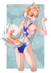 Rule 34 | 1girl, absurdres, alternate costume, animal ears, bare legs, bare shoulders, blue one-piece swimsuit, competition swimsuit, cowboy shot, dog (shiba inu) (kemono friends), dog ears, dog girl, dog tail, extra ears, from behind, highres, japari symbol, kemono friends, light brown hair, looking at viewer, looking back, multicolored hair, one-piece swimsuit, paw pose, red eyes, short hair, sleeveless, solo, swimsuit, tail, tanabe (fueisei), two-tone hair, two-tone swimsuit, white hair, white one-piece swimsuit