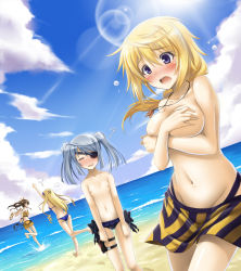 Rule 34 | 10s, 4girls, = =, anger vein, ass, assisted exposure, barefoot, beach, bikini, unworn bikini top, blonde hair, blush, breasts, brown hair, cecilia alcott, charlotte dunois, clothes theft, covering privates, covering breasts, day, dutch angle, embarrassed, eyepatch, closed eyes, flat chest, holster, huang lingyin, infinite stratos, jewelry, kneepits, large breasts, laura bodewig, legs, lens flare, light rays, long hair, long legs, multiple girls, navel, necklace, nipple slip, nipples, okitakung, open mouth, purple eyes, short hair, small breasts, sunbeam, sunlight, surprised, swimsuit, swimsuit theft, theft, thigh holster, thighs, topless, twintails, white hair