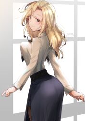 Rule 34 | 1girl, alternate sleeve length, black necktie, black pantyhose, black skirt, blonde hair, bouncing breasts, breasts, cowboy shot, dress shirt, from behind, grey eyes, highres, hornet (kancolle), kantai collection, kimura shiki, large breasts, long hair, long sleeves, looking at viewer, medium breasts, necktie, one-hour drawing challenge, pantyhose, pencil skirt, shirt, skirt, solo, white shirt
