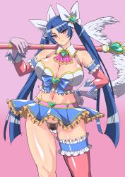 Rule 34 | 1girl, action taimanin, ass, bare shoulders, blue hair, breasts, cameltoe, cleavage, cleft of venus, curvy, detached collar, detached sleeves, female focus, female pubic hair, gloves, hair ribbon, hand on own hip, highleg, highleg panties, highres, hime cut, holding, holding wand, large breasts, light blush, long hair, looking at viewer, magical girl, makinaru, miniskirt, panties, pink background, pink eyes, pubic hair, ribbon, shiny clothes, shiny skin, simple background, skirt, solo, standing, taimanin (series), taimanin asagi, taimanin rpgx, thong, tsundere, twintails, underwear, wand, white panties, yatsu murasaki